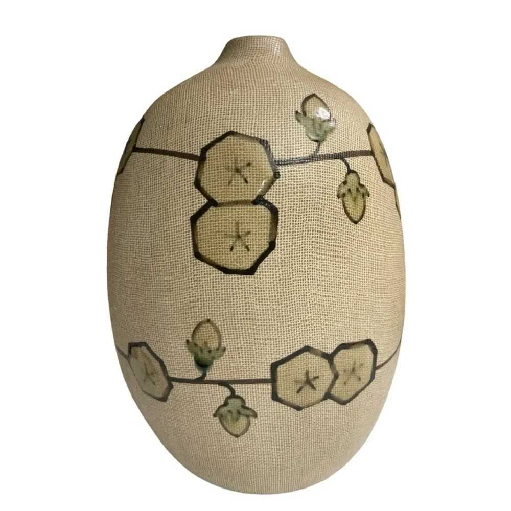 Vintage 1960s MCM Textured Clay Vase Geometric Floral Art Pottery 10.5